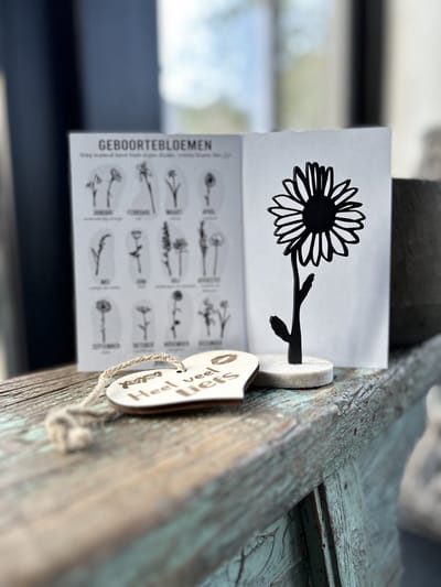 Creaties van Hier - Geboortebloem met houten hartje - Madelief - April - Zwart MDF - Hout