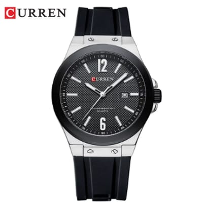 CURREN Horloge 8467 - Zilverkleurig-Zwart – Heren - Quartz - Ronde Kast - Siliconen Band - Kalender - Lichtgevend - Sporthorloge - Waterbestendig