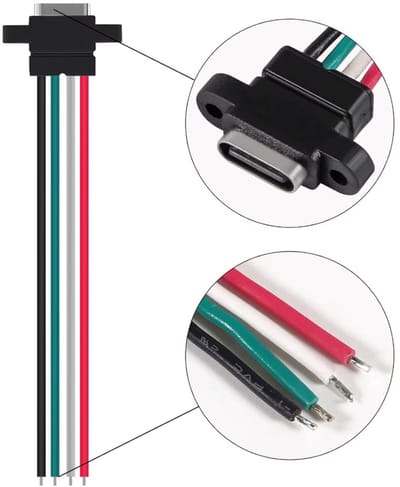 USB-C Female Socket met Kabel – USB-C naar 4-Pins Draad Pigtail – Type-C Connector Kabel – Voor 5V Voeding, DIY en Reparatie