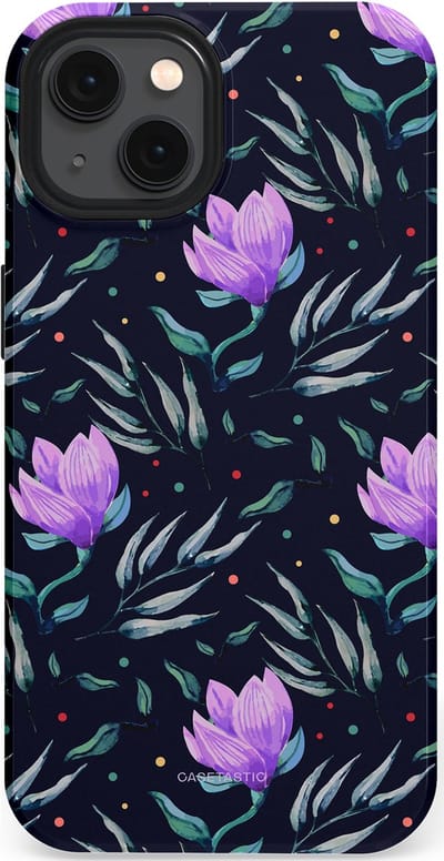 Casetastic hoesje geschikt voor Apple iPhone 13 - MagSafe - Dubbellaagse bescherming - Mystieke bloemenzee - Fashion Case - Donkerblauw Donkergrijs Grijs Lavendel