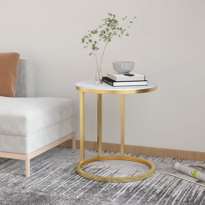 vidaXL - Bijzettafel - 45 - cm - gehard - glas - goudkleurig - en - witmarmer