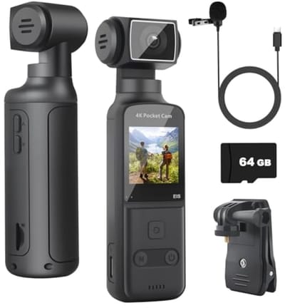 4K body camera met externe microfoon, mini vlog camcorder zakformaat 270° rotatie voor sport, fietsen, reizen, politiegebruik, 64 GB