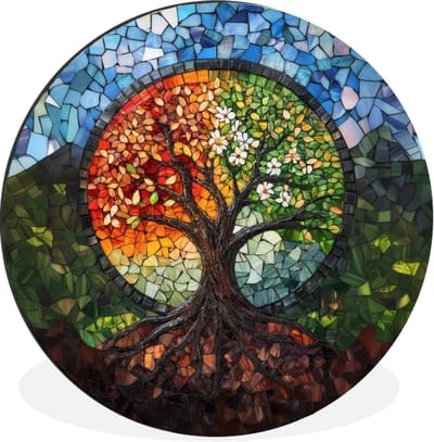 WallCircle - Wandcirkel - Muurcirkel - Boom - Seizoenen - Mozaïek - Bergen - Aluminium - Dibond - 30x30 cm - Binnen en Buiten