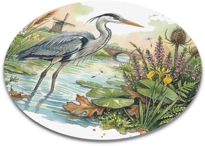 Ronde Muismat Blauwe Reiger met Molen "Aquarel Series" - Hollandse Natuur Illustratie met Waterlelies - Decoratieve Bureau Accessoires & Unieke Kantoorartikelen - Ideaal Cadeau voor haar: Vrouw, Vriendin & Collega - Decoratie Werkplek