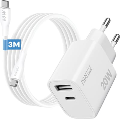 Phreeze usb C adapter 20w met usb C naar usb C kabel 3 meter - Snellader met 2 poorten Quick Charge en Power Delivery oplader
