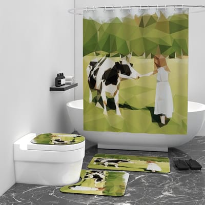 Floraweg Douchegordijn,Shower Curtain,badgordijn,badkamergordijn,Koe onder de bergen, op het gras,-topkwaliteit - digitale printen -Anti Schimmel - Inclusief 12 ringen -met 12 stuks douchegordijnhaken – Waterdicht -Wasbaar- Polyester - 180x200 cm