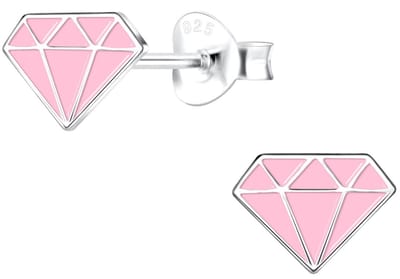 Joy|S - Zilveren diamant oorbellen - 8 x 6 mm - diamant vorm - roze - kinderoorbellen