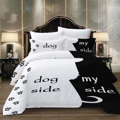 Ensemble de literie simple noir + blanc Chat/Chien/Couple Lui et Elle Linge de lit Taie d'oreiller Textiles de maison personnalisés Ensemble de lit AU Single(140x210cm)