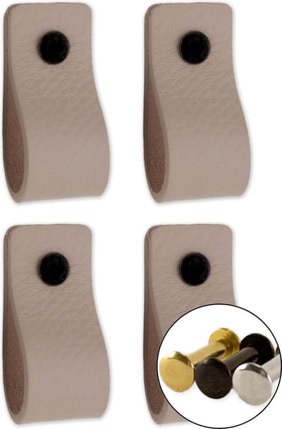 Leren handgrepen - Licht Grijs - 4 stuks - 12,5 x 2,5 cm - incl. 3 kleuren schroeven - Handgrepen leer - Leren meubelgreep - Leren handvaten kast - Leren lus - Handgreep kast leer - Leren greepjes - Handvat leer - Leren deurgreep - Leren handgreep