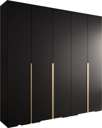 Opbergkast Kledingkast met 5 draaideuren Garderobekast slaapkamerkast Kledingstang met planken | Gouden Handgrepen, elegante kledingkast, glamoureuze stijl (LxHxP): 250x237x47 cm - IVONA 1 (Zwart, 250 cm)