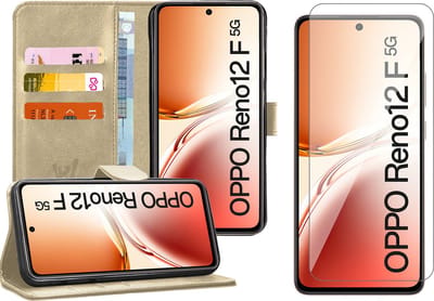 Hoesje geschikt voor Oppo Reno 12F / 12FS - Screenprotector Glas - Portemonnee Book Case Goud