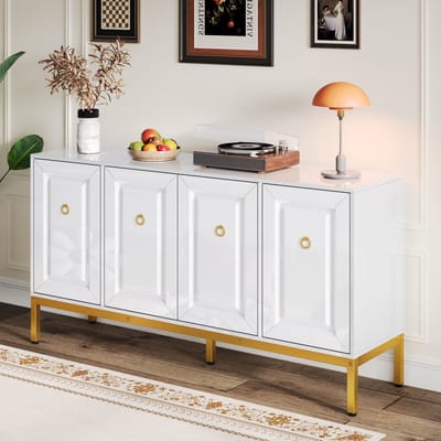 MODENUIT Dressoir - Hoogglans Opbergkast Met Planken En Deuren - Voor Woonkamer En Hal - Wit En Goud - 140x40x80 Cm