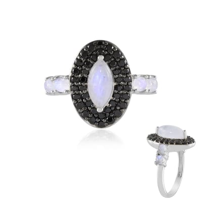 Cavill - Elegante Damesring - 925 Zilver Geplatineerd - Regenboog Maansteen 2,87 ct - Marquise & Ronde Cabochon - Met Zwarte Spinellen Accent