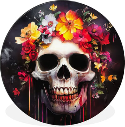 WallCircle - Wandcirkel - Muurcirkel - Schedel - Bloemen - Doodshoofd - Bloed - Kleurrijk - Aluminium - Dibond - 140x140 cm - Binnen en Buiten