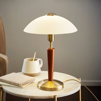 EGLO Tafellamp SOLO 1, gebruniteerd/notenhout, hoogte 35 cm metaal/glas dimbaar