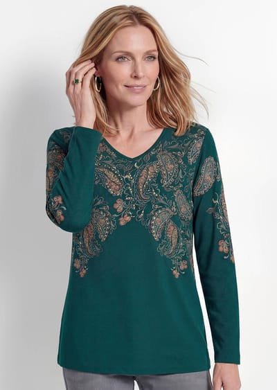 Shirt met lange mouwen en geplaatste paisleyprint - donkergroen / gedess. - Gr. 19 van Goldner Fashion