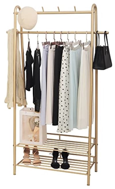 Multifunctioneel Kledingrek met 4 Haken en 2 Schoenenplanken - Goud - 80x36x170 cm