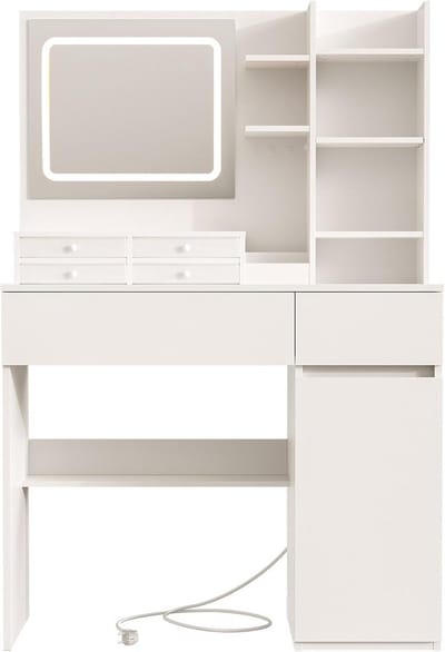 Kaptafel met LED Spiegel - Make-up Tafel Bureau - Schoonheid Verfraaien - Verstelbare Helderheid - 90x40x136cm - Wit