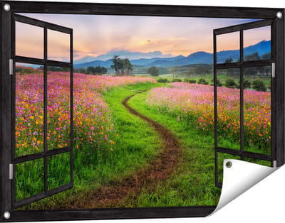 Gards Tuinposter Doorkijk Kosmos Bloemenveld met een Pad - Bloemen - 90x60 cm - Tuindoek - Tuindecoratie - Wanddecoratie buiten - Tuinschilderij