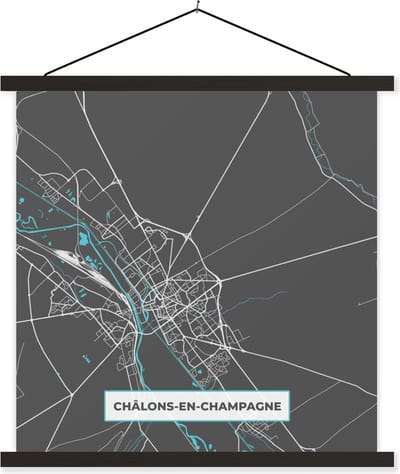 Posterhanger incl. Poster 60x60 cm - Schoolplaat - Frankrijk - Châlons-en-Champagne - Stadskaart - Kaart - Plattegrond - Textielposter - Zwarte latten - Stadskaart