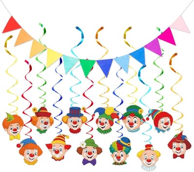 Circus Decoration Clown Garland Hanging Swirls Birthday Decoration – Colorful Clown Garlands - Bunting Chain voor Buiten - 12 Stuks + 3m Driehoekige Vlaggen - Feestdecoraties