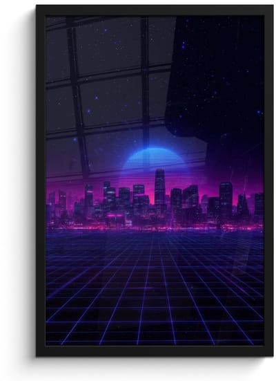 Poster in lijst - Fotolijst 40x60 cm - Posters - Skyline - Zon - Neon - Rasterpatroon - Posterlijst zwart - Decoratie - Wanddecoratie woonkamer - Muurdecoratie slaapkamer