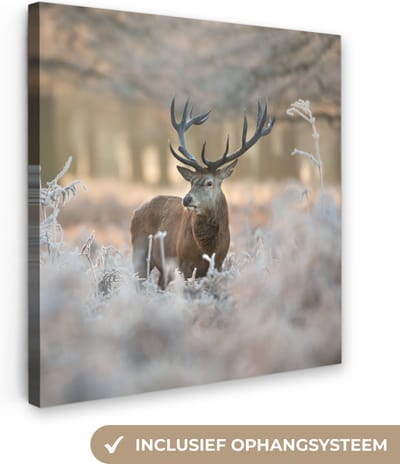 Canvas schilderij 20x20 cm - Wanddecoratie Hert - Dieren - Winter - Muurdecoratie woonkamer - Slaapkamer decoratie - Kamer accessoires - Schilderijen op canvas