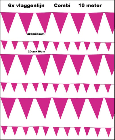 6x Combi vlaggenlijn pink - 3x Vlaggenlijn pink XL 30cm x 45cm 10 meter + 3x Vlaggenlijn pink 20cm x 30cm 10 meter