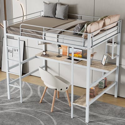 STILVORA Hoogslaper 90x200cm – Eenpersoonsbed met bureau en ruime boekenkast – 4 driehoekplanken voor studie/opslag – Metaal; MDF – Zonder matras – Wit