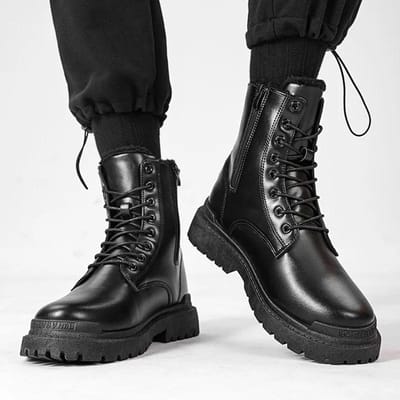 Herenlaarzen Mode Motorlaars Enkellaars Waterdichte Leren Laarzen Vetersluiting Platformlaarzen voor Heren Pluche Warme Winterlaars Botas 41 black