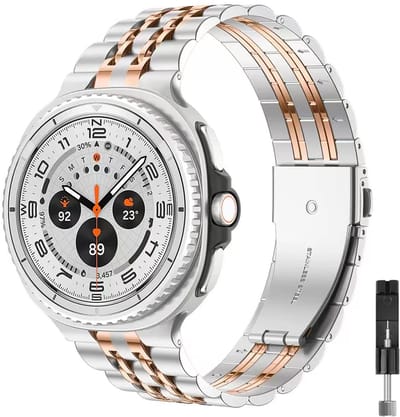 Stravo 7-rij schakels metalen bandje – Geschikt voor Samsung Galaxy Watch 9 (40/44mm) / Watch 8 (40/44mm) / 8 Classic (46mm) – Premium RVS horlogeband voor Samsung smartwatches – inclusief inkortset (Zilver / Rosé goud)