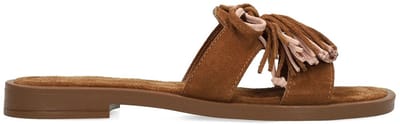 Manfield - Dames - Cognac suède slippers met franjes - Maat 36