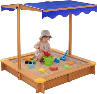 Zandbak met dak 118x118 cm, gemaakt van massief hout, zandbak voor kinderen met deksel, bodemvlies & randbescherming, UV 50 zonbescherming ML-Design