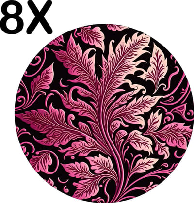 Luxe Ronde Placemat - Roze Bloemen Kunst op Zwarte Achtergrond - Set van 8 Placemats - 50x50 cm - 2 mm dik Vinyl - Anti Slip - Afneembaar