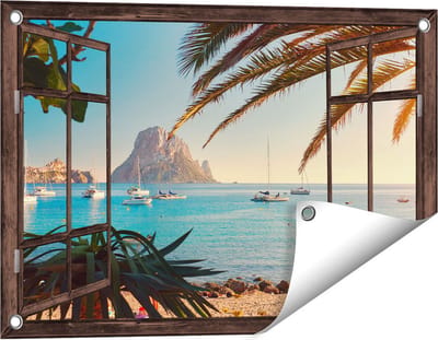 Gards Tuinposter Doorkijk Ibiza Cala d'Hort Strand - 60x40 cm - Tuindoek - Tuindecoratie - Wanddecoratie buiten - Tuinschilderij