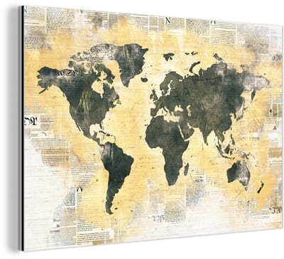 Aluminium schilderij 150x100 cm - Wanddecoratie metaal - Wereldkaart - Krant - Goud - Metalen muurdecoratie woonkamer - Decoratie industrieel - Foto op dibond - Industriële accessoires slaapkamer