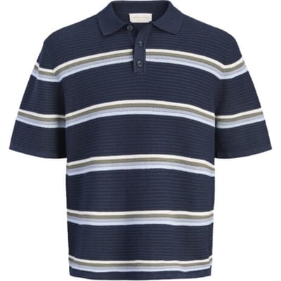 Jack & Jones blauwe heren polo   Rib kraag   Regular fit   Streep patroon   Knoopsluiting   Duurzaam   Korte mouw Blauw L