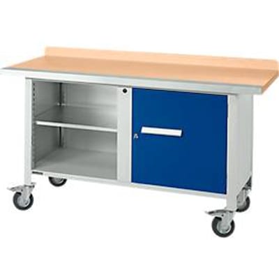 Mobiele werkbank Schäfer Shop Select PWi 150-1, beuken multiplex blad, met stalen rand, tot 400 kg, B 1500 x D 700 x H 840 mm