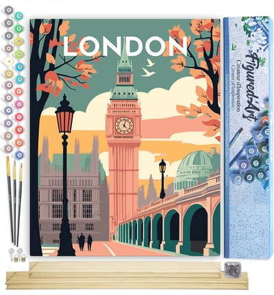 Figured'Art Schilderen op Nummer Volwassenen canvas Reisposter Londen II- Handwerk acrylverf Kit DIY Compleet - 40x50cm met DIY houten lijst