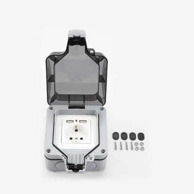 Waterdichte wandcontactdoos met deksel, voorzien van 2 USB-poorten