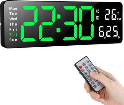 Digitale LED Wandklok 13 inch Groot Display met Afstandsbediening - Modern Ontwerp Verstelbare Helderheid - Tijd Datum Temperatuur - Woonkamer Keuken Kantoor Gym