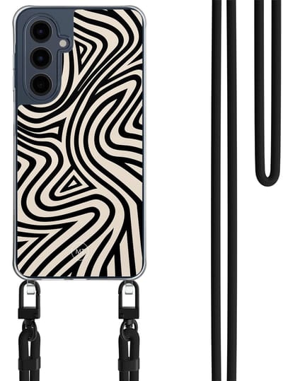 Hoesje met koord geschikt voor Samsung Galaxy A16 - Groovy lines - Inclusief Zwart koord - Crossbody beschermhoes - Transparant, Zwart - Mooie Telefoonhoesjes