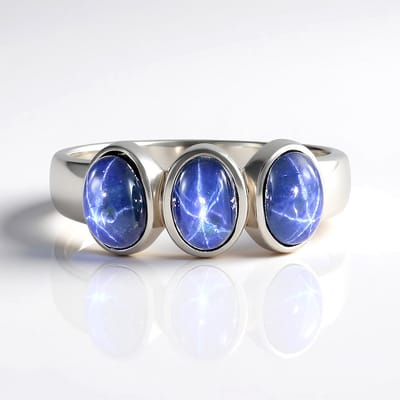 Cavill - Zilveren Ring - 925 Sterling Zilver Platina Geplateerd - 3 Blauwe Ster Saffier Ovaal Cabochon - 1,755 Ct - Bezel Zetting - Elegant Sieraad