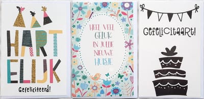 3 Wenskaarten - Nieuwe Woning-Nieuw Huisje + Hartelijk Gefeliciteerd + Gefelicitaart - 12 x 17 cm – WON-305