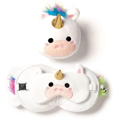 Relaxeazzz Eenhoorn knuffel/reiskussen/slaapmasker - 2-in-1 set - voor kinderen- in vliegtuig of auto