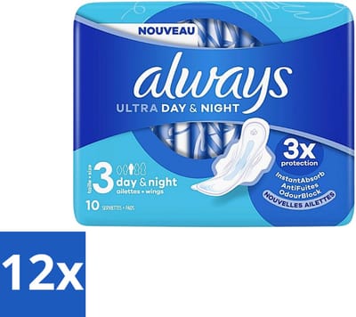 Always Ultra Day & Night - Maandverband - Met Vleugels - 10 Maandverbandjes - Voordeelverpakking - 12 stuks