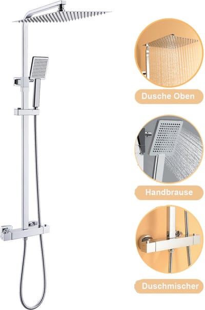 DERW Max Regendouche met Thermostaatkraan - Doucheset - 12 inch Douchekop - Hoofddouche en Handdouche - Verstelbare hoogte 82-125 cm - RVS Regendoucheset - Chroom