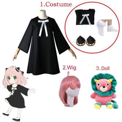 Anya Forger Cosplay Jurk Anime Spy X Family Forger Anya Cosplay Pruik Zwarte Jurk Sokken Pop Halloween Kostuums voor Meisjes Vrouwen 120