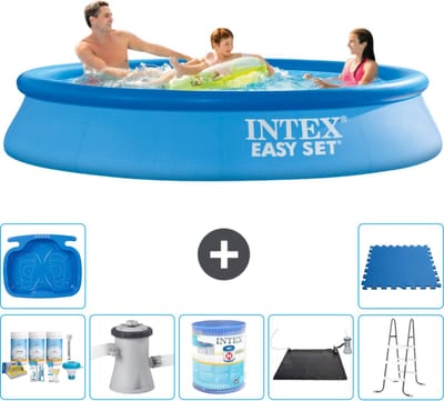 Intex Rond Opblaasbaar Easy Set Zwembad - 305 x 61 cm - Blauw - Inclusief Onderhoudspakket - Zwembadfilterpomp - Filter - Solar Mat - Ladder - Voetenbad - Vloertegels - 8-delig
