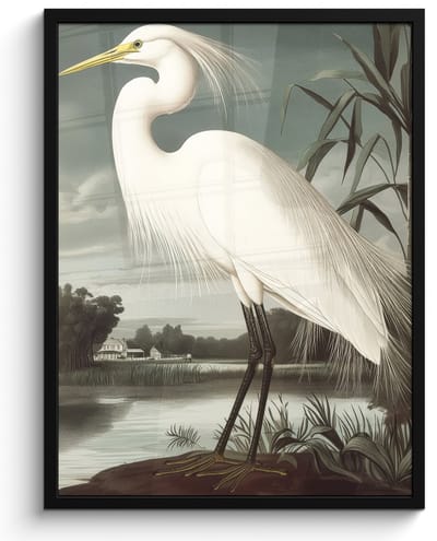 Poster in lijst - Fotolijst 50x70 cm - Posters - Reiger - Planten - Wolken - Wit - Posterlijst zwart - Decoratie - Wanddecoratie woonkamer - Muurdecoratie slaapkamer